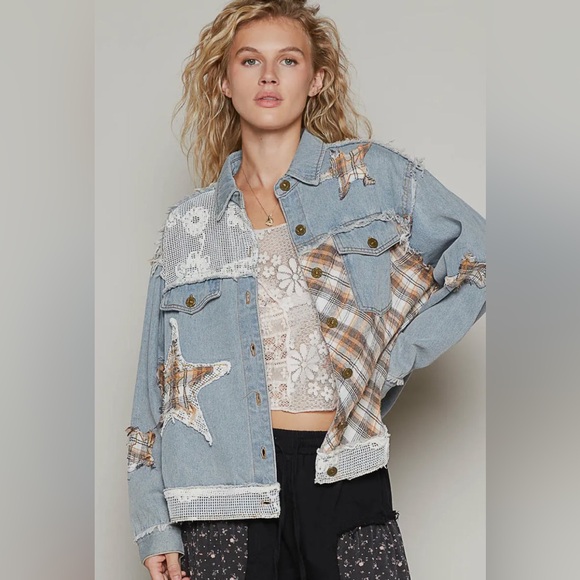 POL Star plaid patchwork lace blue white Denim Jacket with Star Patch - Picture 3 of 7